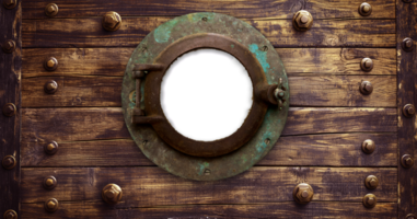 Vintage Aged Brass Ship Porthole Mounted on a Wooden Hull with a Transparent Background. Transparent . . png