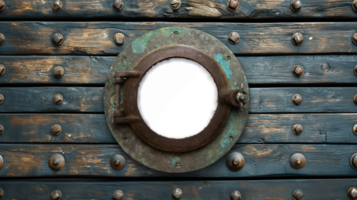 Vintage Aged Brass Ship Porthole Mounted on a Wooden Hull with a Transparent Background. Transparent . . png