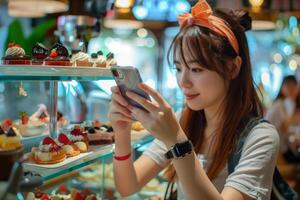 joven mujer tomar un foto para social medios de comunicación antes de comiendo. comida fotografía y estilo de vida concepto