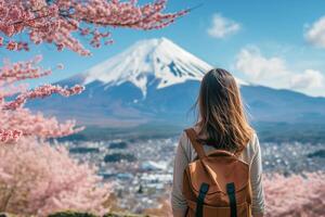vista trasera de viajero hembra disfrutando hermosa ver de montar fuji con Cereza florecer árbol en primavera foto
