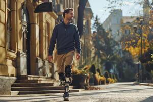 Disabled man with prosthetic leg walking and exercise works out outside. Artificial limb concept photo