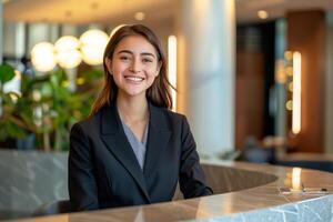 retrato de joven simpático y Bienvenido recepcionista mujer en moderno hotel recepción mostrador foto