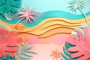 Abstract colorful beach background with tropical leaves. Summer, paper art concept. Copy space photo