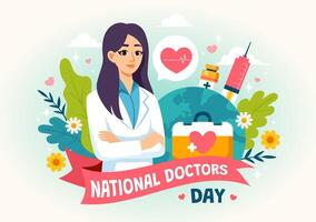 nacional doctores día ilustración con doctor, estetoscopio y médico equipo para Dedicación y contribuciones en plano dibujos animados antecedentes vector