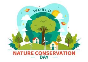 World Nature Conservation Day Illustration with World Map, Tree and Eco Friendly Ecology for Preservation in Flat Cartoon Background vector