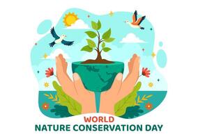 mundo naturaleza conservación día ilustración con mundo mapa, árbol y eco simpático ecología para preservación en plano dibujos animados antecedentes vector