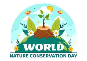 World Nature Conservation Day Illustration with World Map, Tree and Eco Friendly Ecology for Preservation in Flat Cartoon Background vector