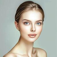 Young women with perfect skin with blond hair on the blue background. Face care, Facial treatment, cosmetic, Cosmetology, beauty and spa, European women portrait. photo