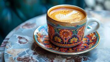 Coffee in cup and saucer with beautiful orient ornament on marble table in cafe with dark background for the menu, website. photo