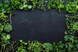 Frame made with healthy green baby microgreens on black table, flat lay. Space for text, organic background photo