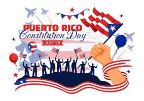 Happy Puerto Rico Constitution Day Illustration on 25 July with Waving Flag and Ribbon in National Holiday Flat Cartoon Background Design vector