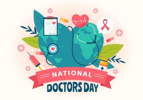 National Doctors Day Illustration with Doctor, Stethoscope and Medical Equipment for Dedication and Contributions in Flat Cartoon Background vector