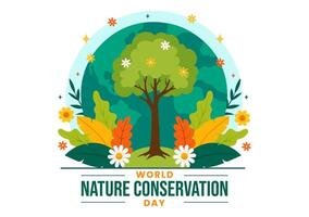 mundo naturaleza conservación día ilustración con mundo mapa, árbol y eco simpático ecología para preservación en plano dibujos animados antecedentes vector