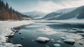 Winter Landscape with Frozen Lake photo