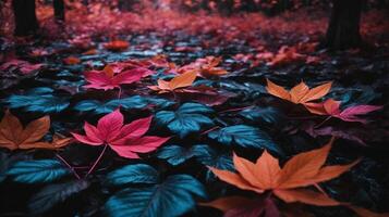 Background with neon-colored leaves on the ground photo