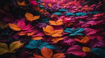 Background with neon-colored leaves on the ground photo