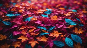 Background with neon-colored leaves on the ground photo