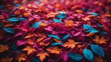 Background with neon-colored leaves on the ground photo