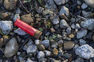 A spent cartridge case from a hunting cartridge lies in the middle of a mountain road. photo