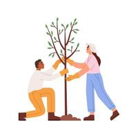 hombre y mujer plantando un árbol vector