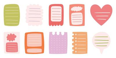 Paper sheets sticker collection for convenient note-taking and important date recording for creative journaling, functional and decorative memo stickers. Cute bright colors vector