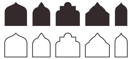 Compilation of traditional Islam window or door shapes. Set of Mosque Muslim frames depicted in silhouette and outline. vector