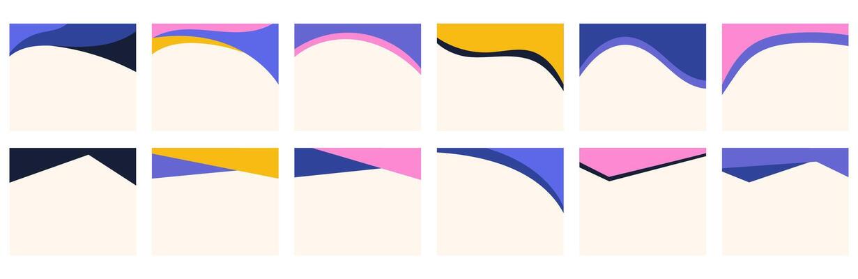 Assortment of different shapes for headers or footers on square posts or websites. Decorative separator enhancing creative design in a flat style. Eye-catching y2k-inspired color scheme.