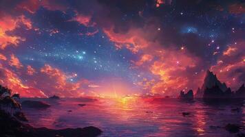 AI generated Animated colorful sunset over the river with clouds and stars. Loop video