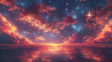 AI generated Animated colorful sunset over the river with clouds and stars. Loop video