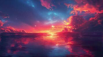 AI generated Animated colorful sunset over the river with clouds and stars. Loop video