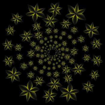 resumen redondo floral modelo en el formar de dorado flores arreglado en un circulo en un negro antecedentes vector