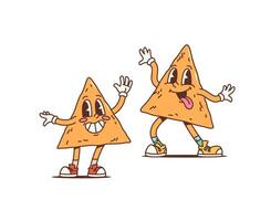 Cartoon retro Mexican nacho chips groovy character vector