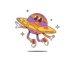 Cartoon retro space planet groovy funky character vector