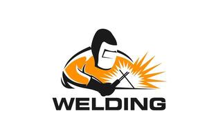 Weld icon, welder work with tool and sparks vector