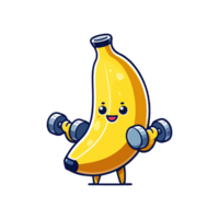 cute icon character banana lifting barbell weights png