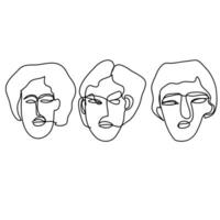 Three male faces drawn in one line in a linear style vector