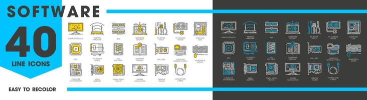 software y hardware línea íconos de computadora ordenador personal vector