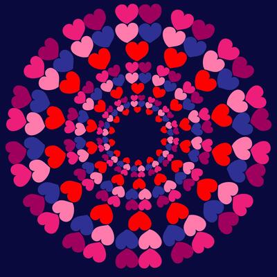 Abstract pattern in the form of pink and red hearts arranged in a circle on a blue background