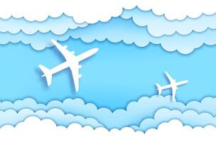 Paper cut planes in sky clouds, top view banner vector