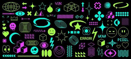 Pixel y2k groovy rave, techno psychedelic elements vector