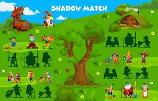 Shadow match game with cartoon garden gnome, dwarf vector