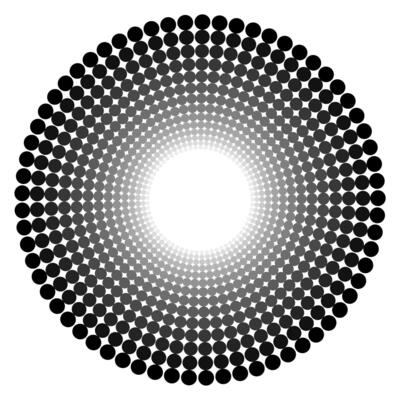 Abstract geometric pattern in the form of large and small polka dots arranged in a circle on a gray background