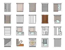 Window blind, curtain and jalousie thin line icons vector