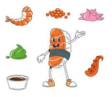 dibujos animados japonés Sushi personaje con salmón pescado vector
