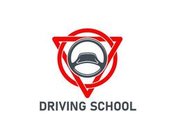 Driving school icon, car steering wheel, road sign vector