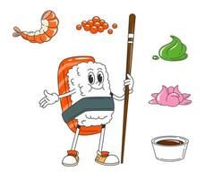 Retro cartoon groovy japanese sushi character vector