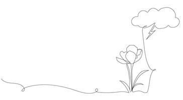 Continuous drawing of lines. Clouds with a thunderstorm over a flower. Weather conditions. Black isolated on a white background. Hand drawn illustration. vector