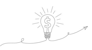 Glowing light bulb with dollar sign and rays, line art style, one line. Concept of idea, profit, income, commerce, sales. Hand drawing vector