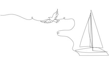 A sailboat, a boat, a ship, a sea wave and a dove, a seagull flying into the sky. Manual drawing of one continuous line. vector