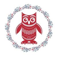 Christmas owl in Scandinavian style and Christmas wreath. Stylized postcard, background, greeting. For printing, greetings, as a template. vector